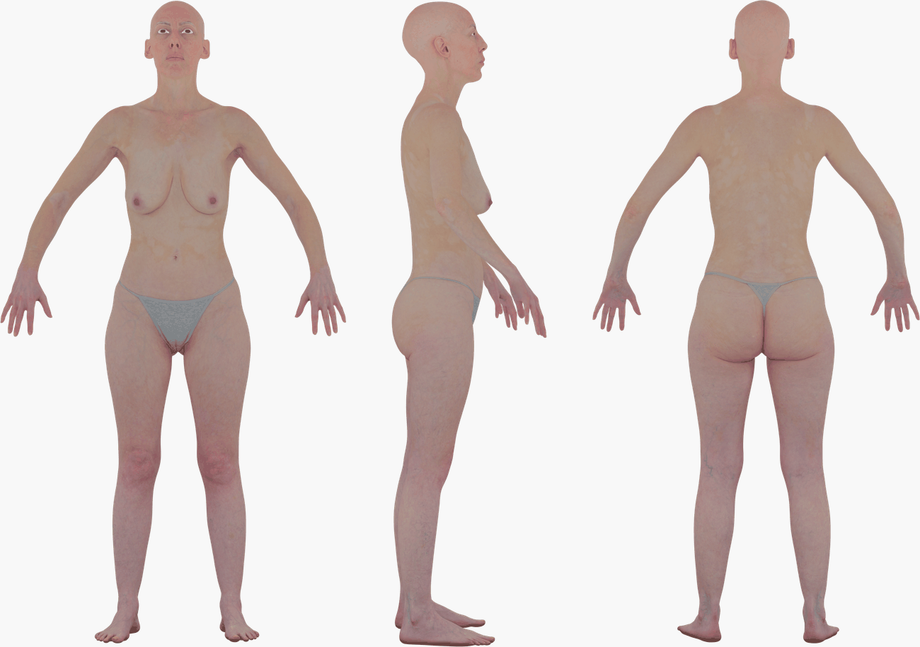 PBR texture map set for a female 3D body scan including Albedo, Normals, Specular and Metalness maps